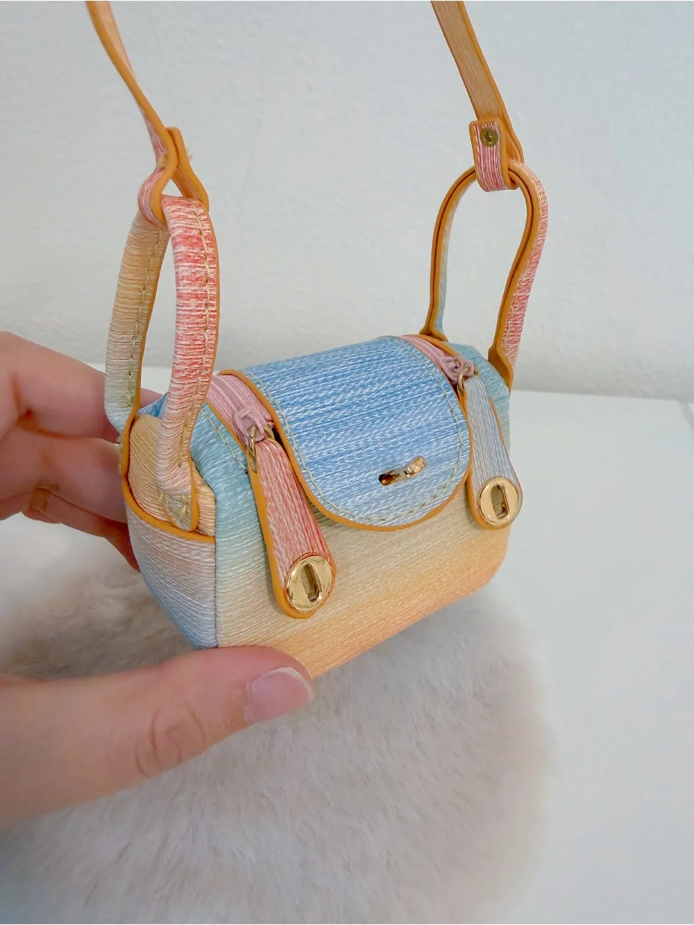 Mini Top Handle Bag Charm Woven Texture Coin Pouch Rainbow Luxury Style